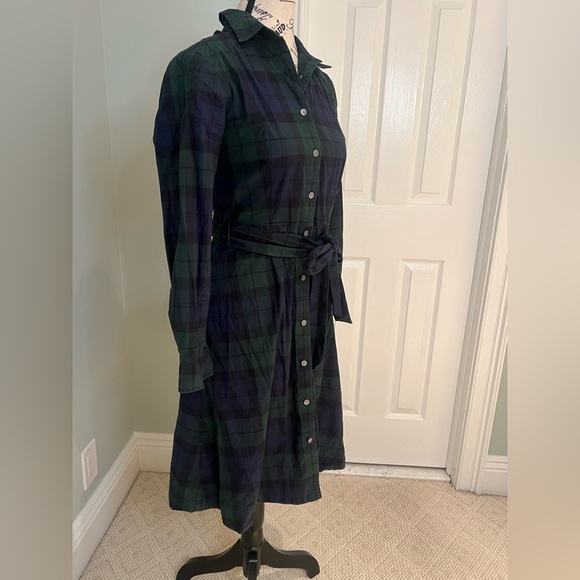 J.Crew long-sleeve tie-waist shirtdress | Green - Navy & Black plaid  | Size 2 | - Picture 6 of 12